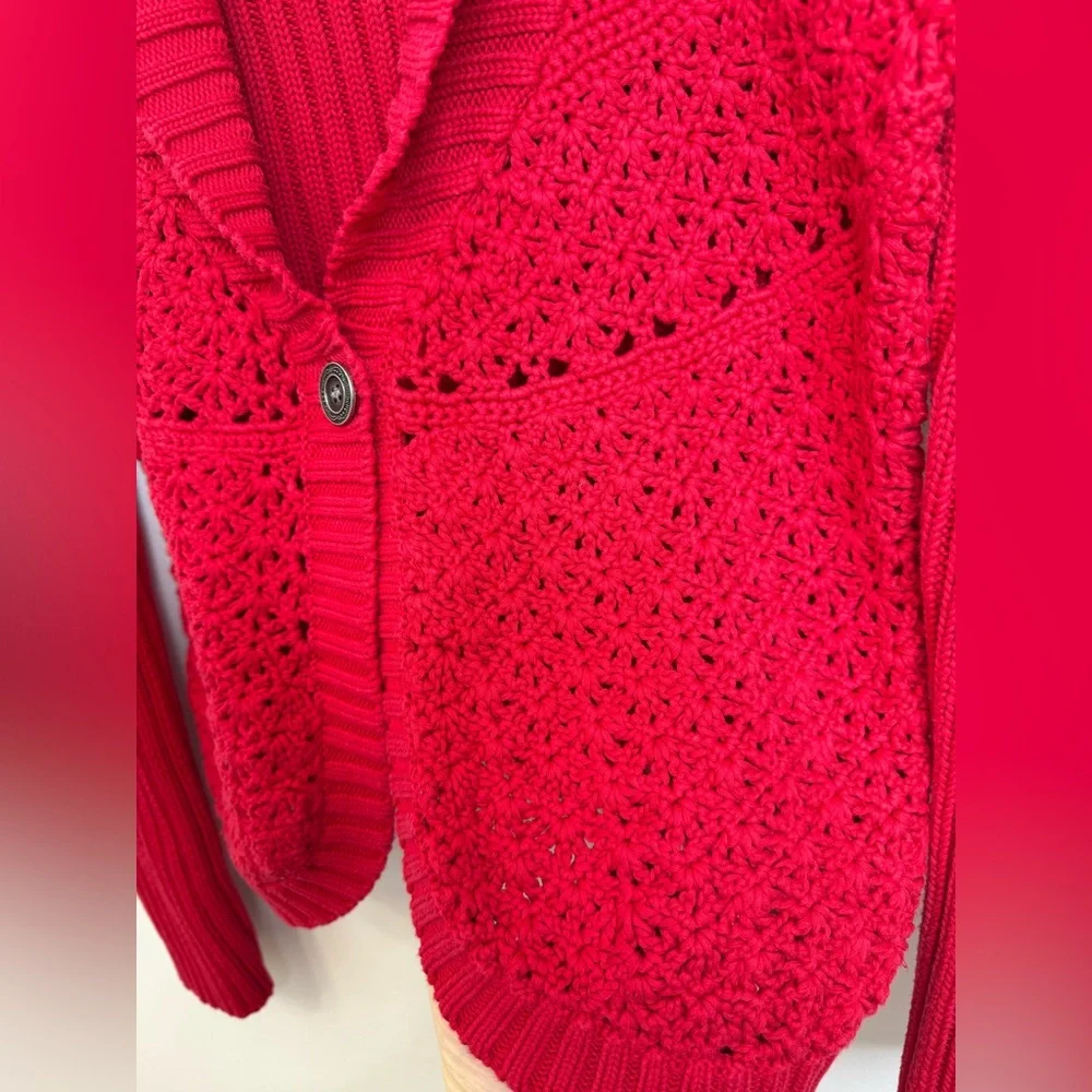 Chico's Red Ribbed Knit Crochet Cardigan Sweater Shawl Collar Women's Size Large